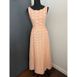 Vintage 60's Handmade Peach & White Floral‎ Embroidered Sleeveless Maxi Dress